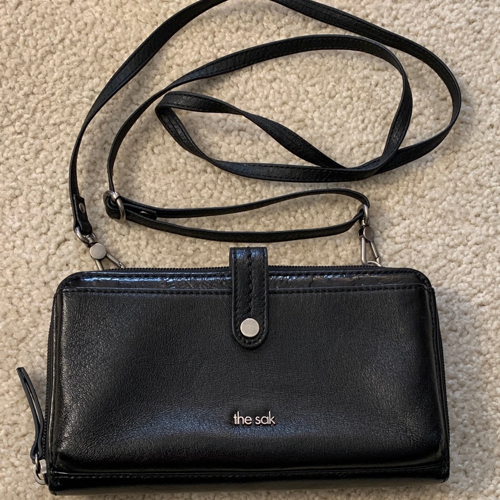The Sak Iris Large Smart Phone Crossbody Black Embossed Leather Bag